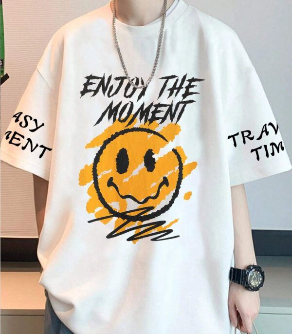 White Graphic Printed Oversize Tshirt, Enjoy The Moment Oversize T-Shirt